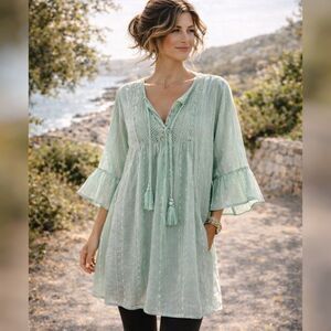 New In Boho Sz Med Flowy Tunic Top Mint Blue Lace Trim Tassel 3/4 Bell Sleeve
